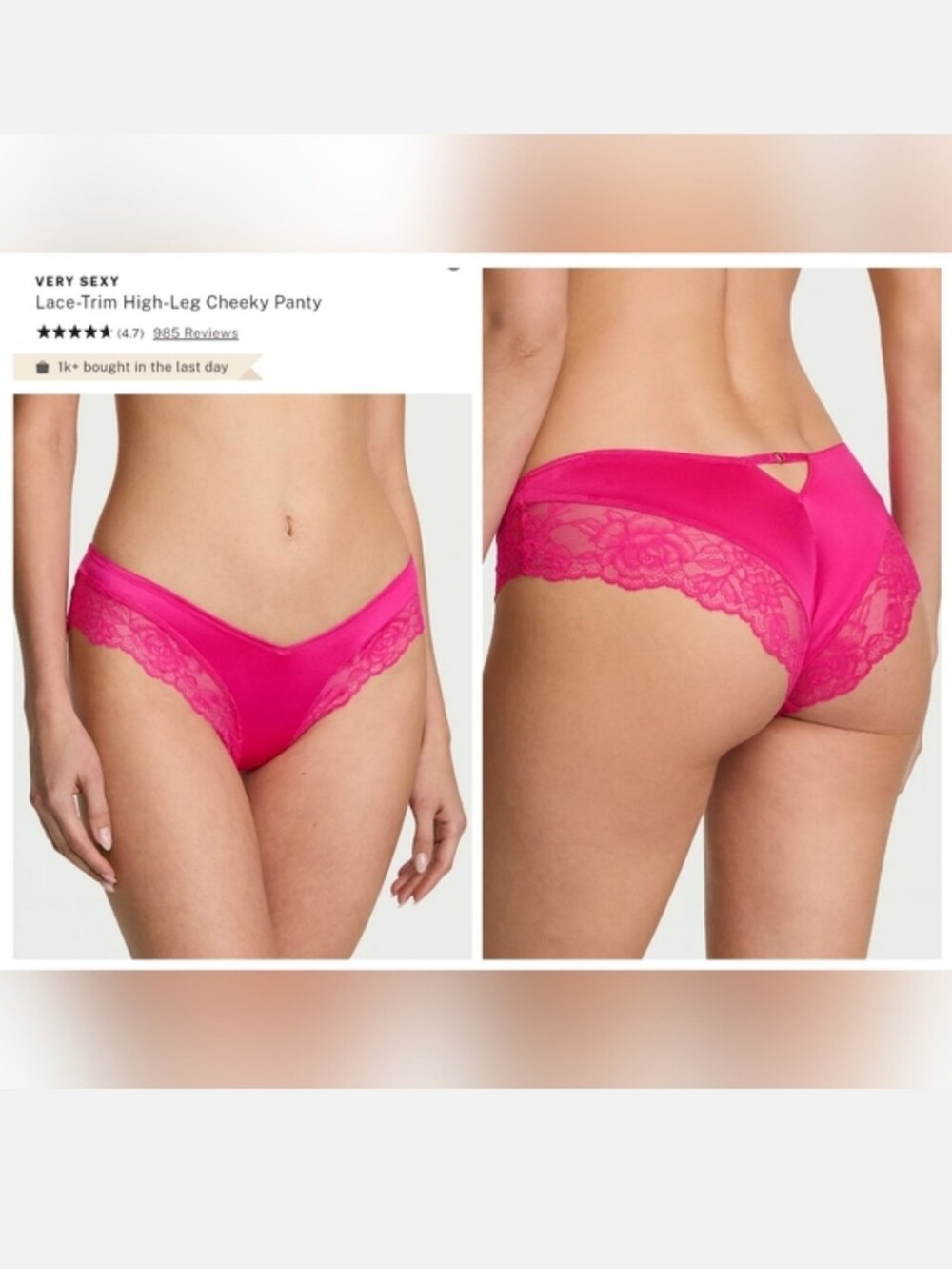 Victoria's secret VERY SEXY Lace-Trim High-Leg Cheeky Panty FOREVER PINK MEDIUM